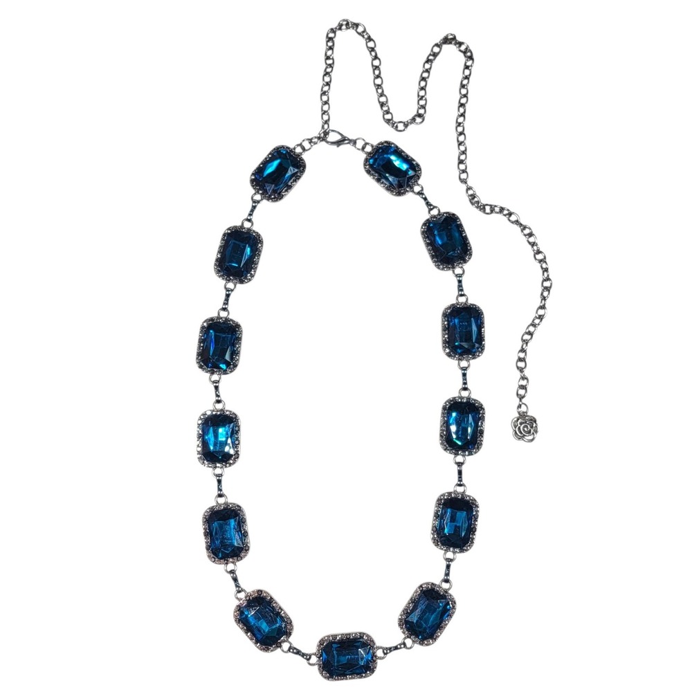 Blue Silver Tone Rhinestone Statement Necklace Chunky Whimsigoth Romance Glam